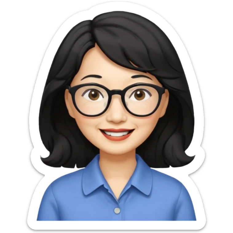 60 yr old asian woman, wavy thick black hair past shoulder length, side part, side swept bang, big smile, collared shirt sticker