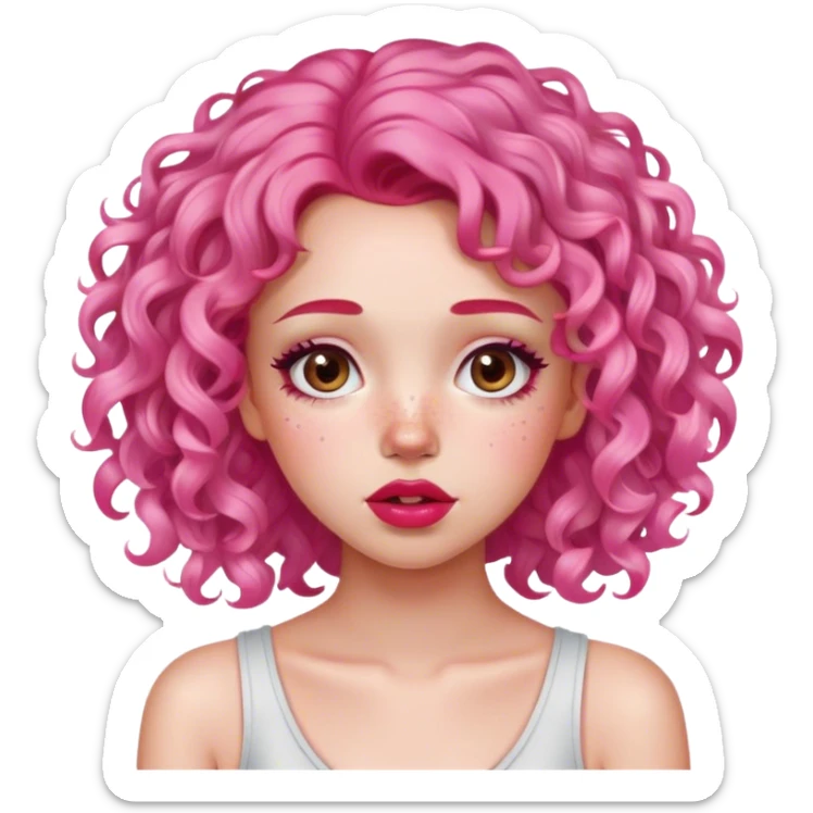 Cute girl with freckles, pink curly hair, pink makeup and red lips, she's embarrassed sticker