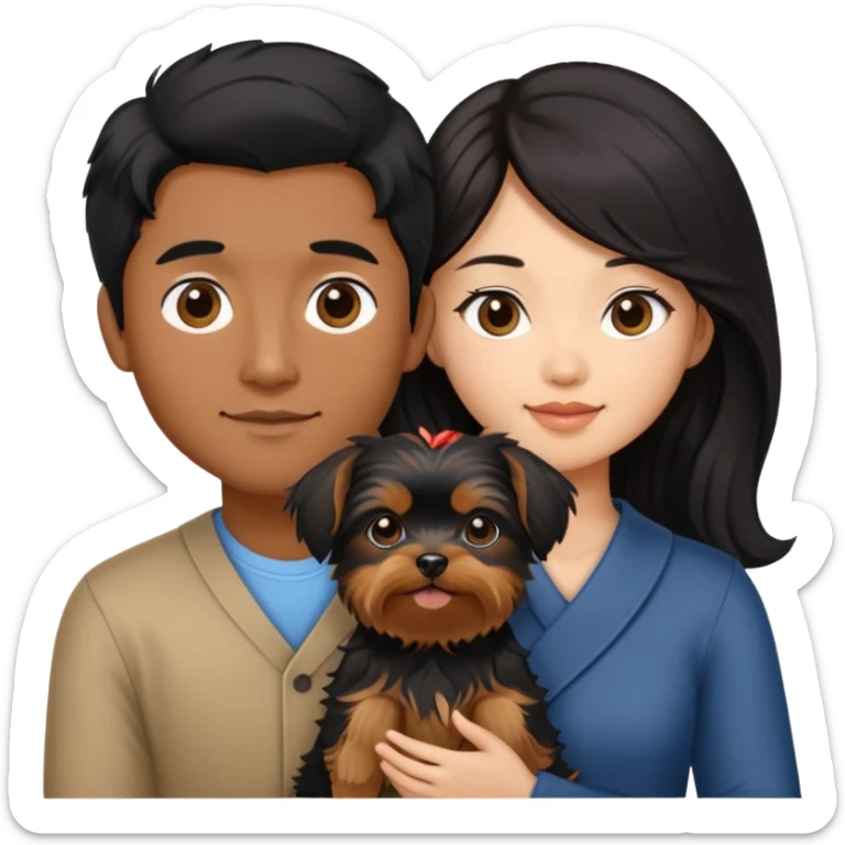 A couple holding a small Yorkshire Terrier together. The girl is Asian with long, luscious wavy black hair (loose, no hair tie). She is next to her boyfriend, a brown-skinned man with short middle part hair sticker
