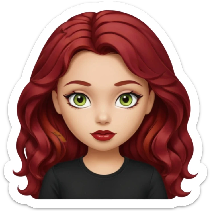 a pretty fair bratz girl with wavy dark red hair, wearing a black tee. eyeliner on, olive green eyes. Waist up sticker