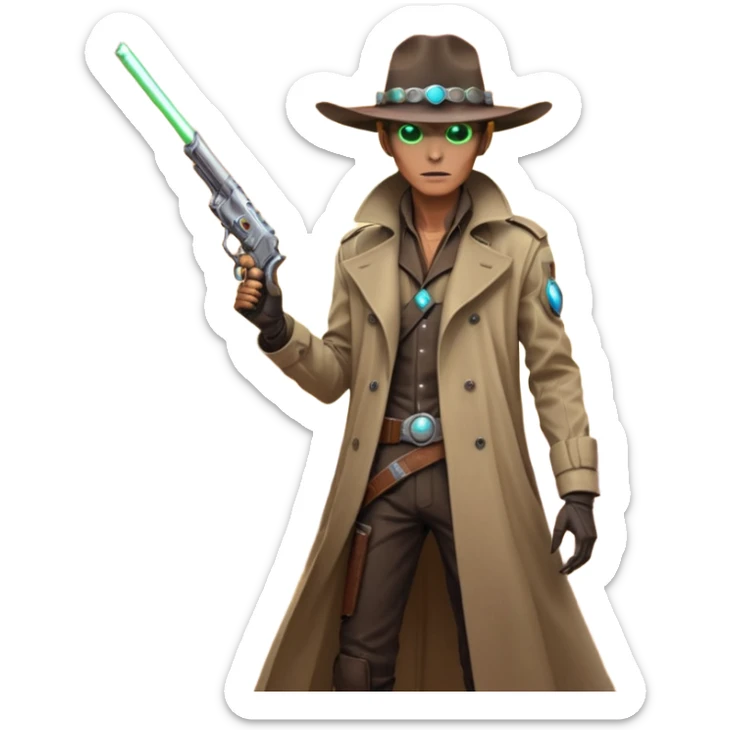 A tall alien cowboy standing in a dusty desert on an alien planet, wearing a futuristic cowboy hat and long trench coat, glowing eyes, twin plasma revolvers on his belt, dramatic sunset, cinematic lighting, ultra realistic, high detail, epic sci-fi western atmosphere

 sticker