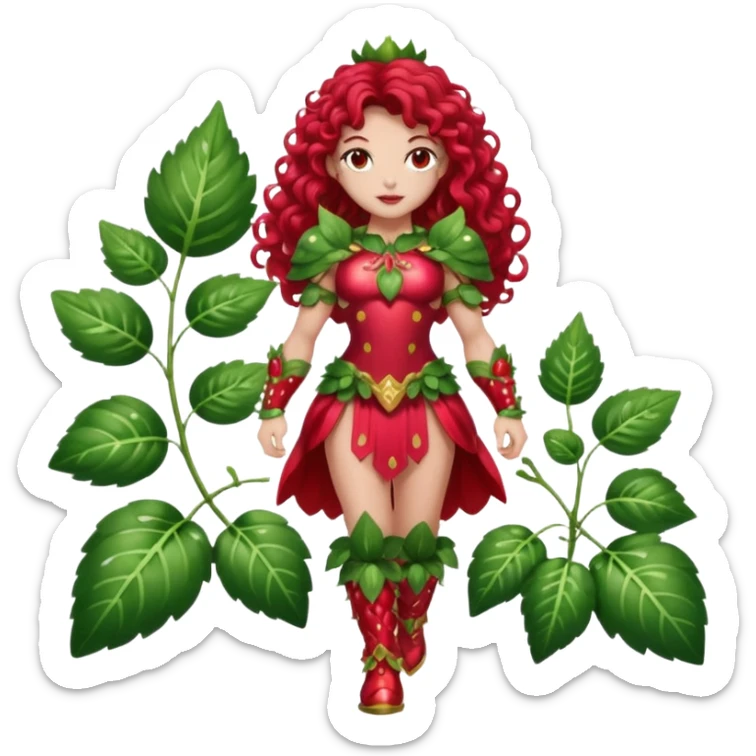 full body woman long curly brown hair brown eyes white skin tattoos muscular build dressed as strawberry spirit, glossy berry armor, leaf boots, confident pose sticker