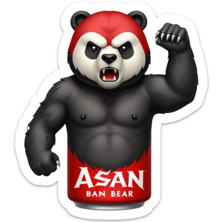 an adult energy drink with picture of a angry face bear and ASAN written on it sticker