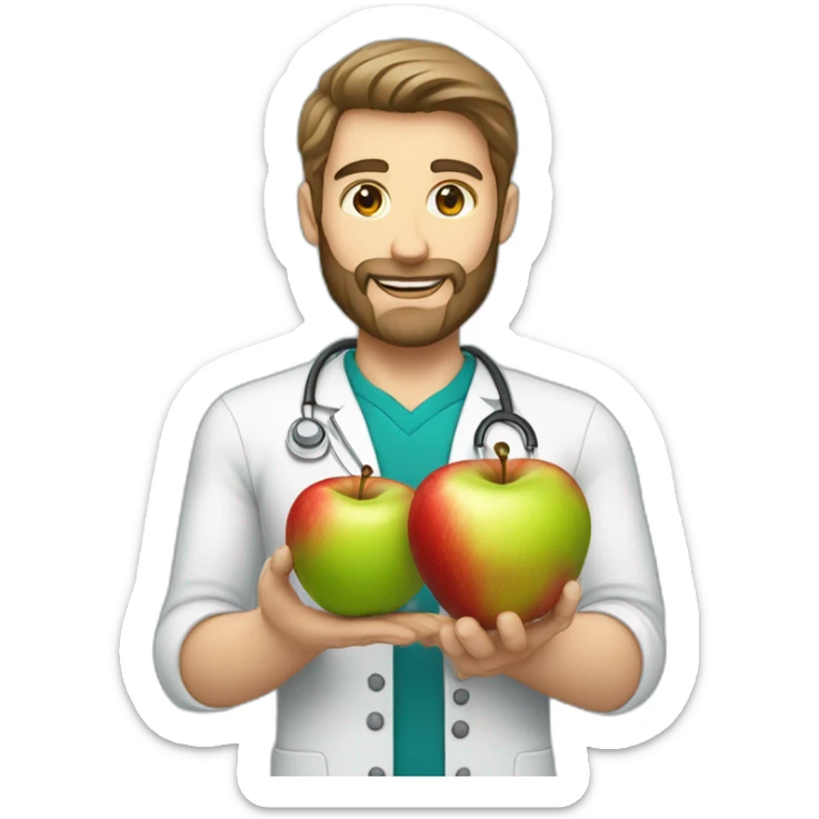 A male nutritionist with a full beard and dark blonde hair and white skin holding an apple in his hand. sticker