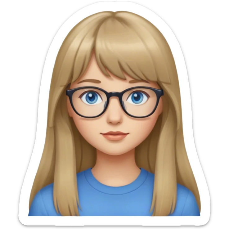 A girl with dark blonde long hair and bangs and glasses and blue eyes sticker