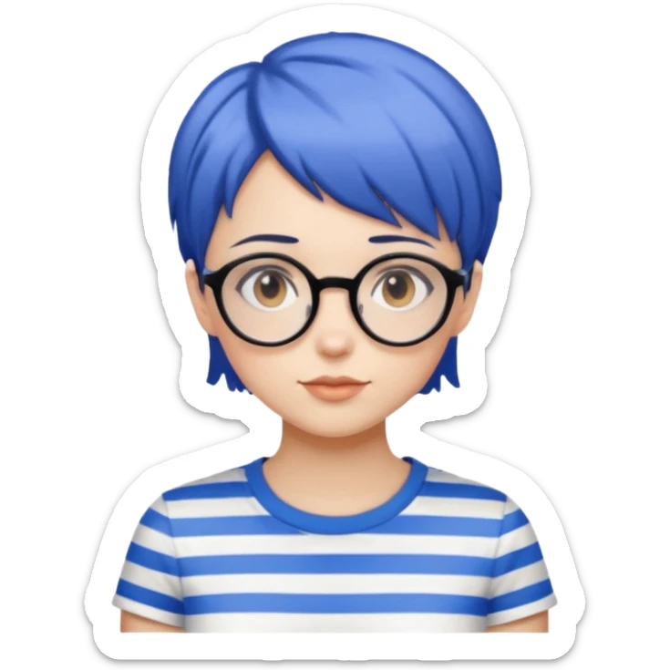 A girl with blue and black striped short hair with clear circle glasses with brown eyes and a white t-shirt sticker