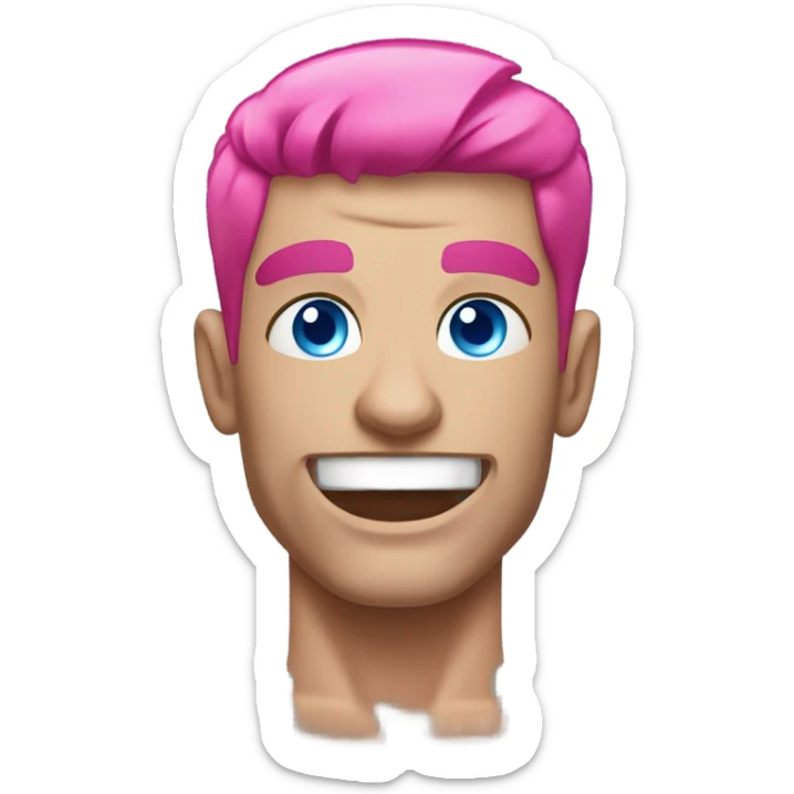 Overly muscular man with pink hair and blue eyes lifting weights in a gym sticker