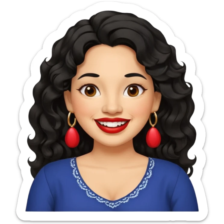 40 yr old Mexican woman, slightly chubby, wavy/curly long black hair, red lipstick, big smile, white teeth, brown eyes, hoop earings, side part to hair, round face, nice blouse, no wrinkle hair side swept, big hoop earing sticker