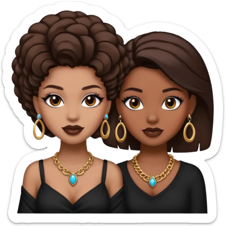 Boujy baddie best friends, trendy heavy makeup both dark hair one light skinned and one mocha brown pretty hair both wearing black and earrings and necklace one mocha brown skin sticker