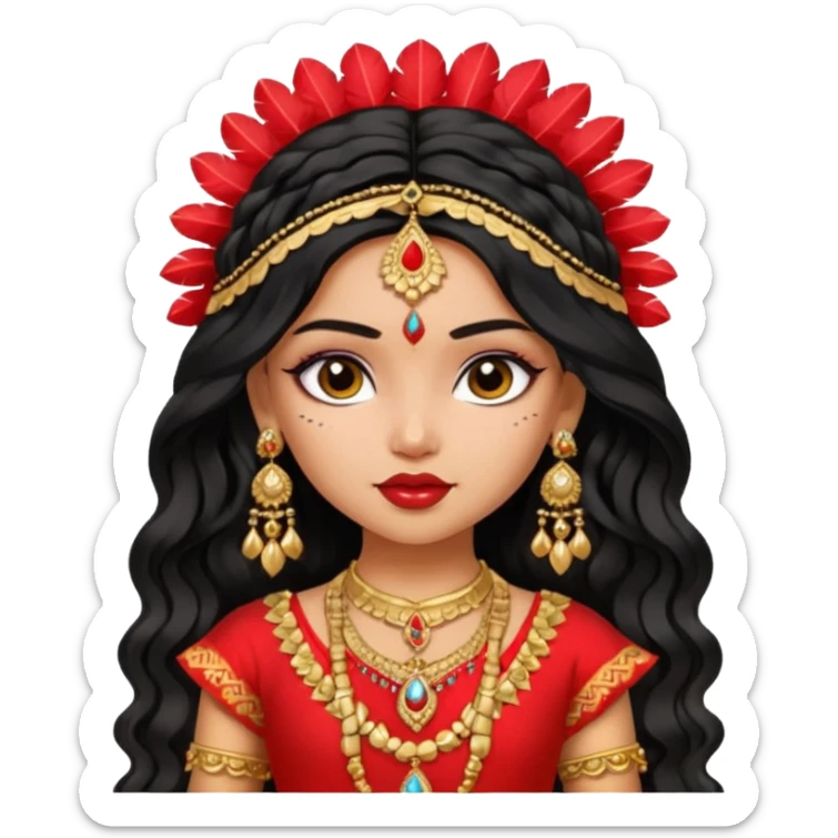 a pretty bratz fair indian girl wearing a red indian wedding outfit,  golden jewellery, black wavy hair sticker