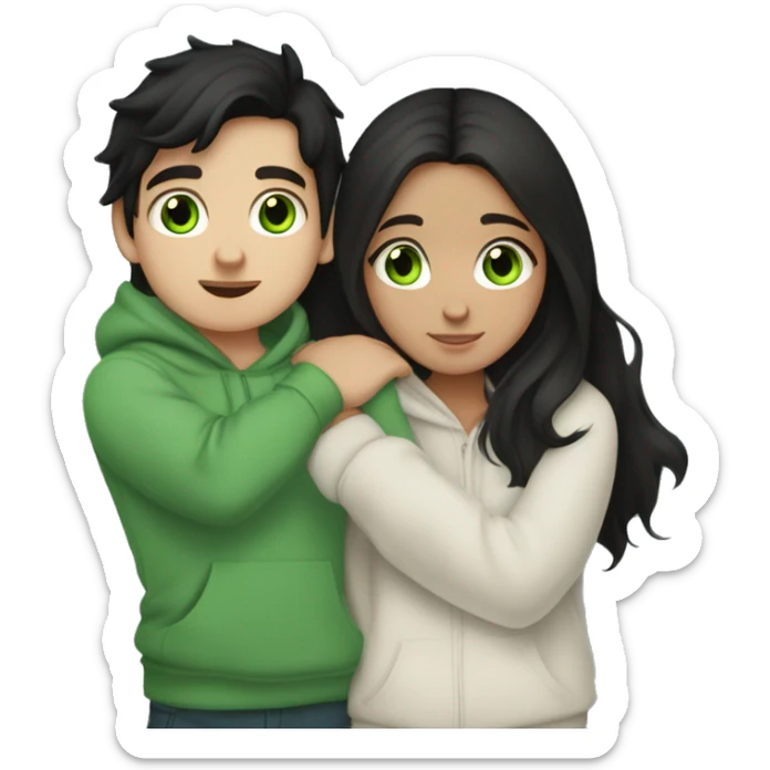 A black haired girl with green eyes who is approximately 5,2 with a black hoodie and pijamas hugging a blue eyed light brunette boy with freckles wearing pijamas and a white hoodie sticker