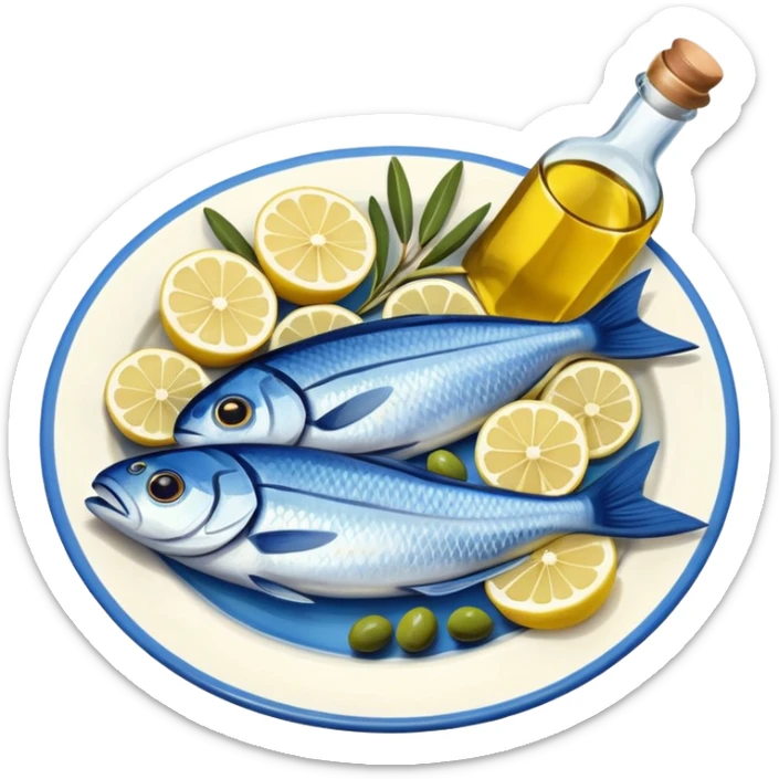 Mediterranean cuisine humanless avatar in clean emoji-style illustration. Olive oil, fish, lemon, blue and sunny colors, light and fresh mood, flat design, high contrast. sticker
