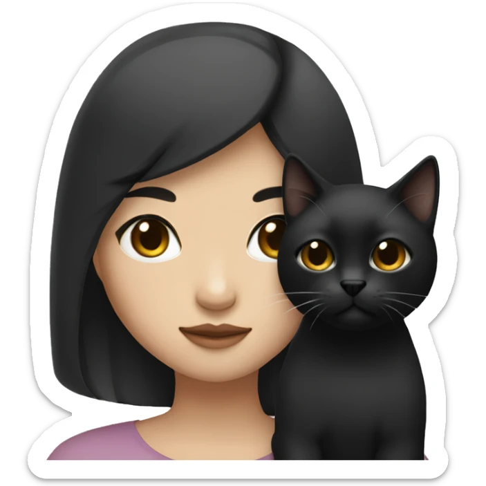 Asian girl with black eyes color and black hair holding black cat sticker