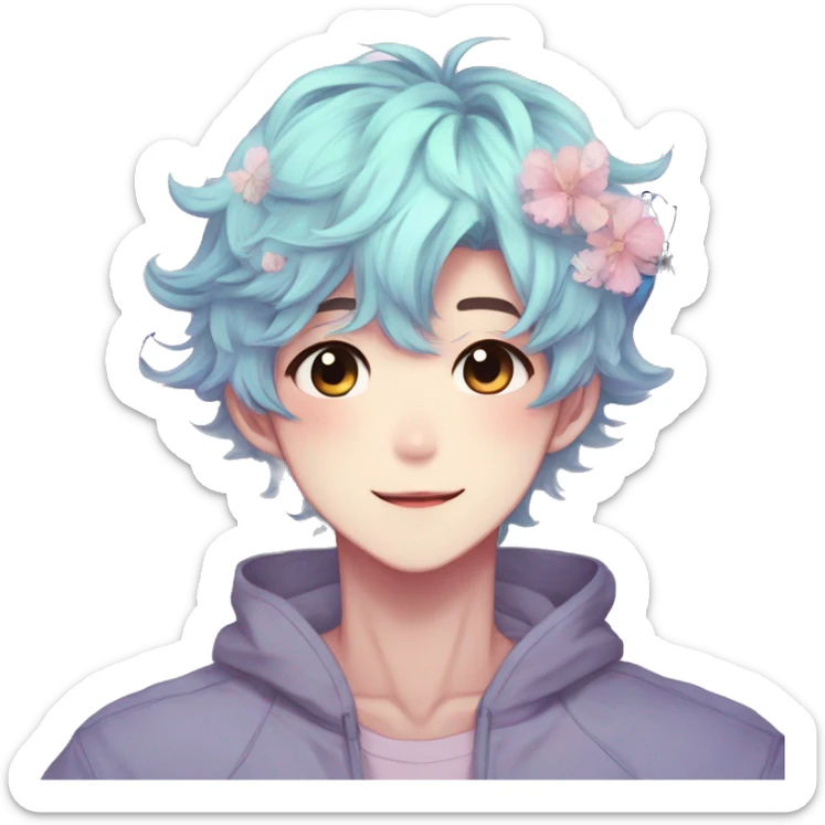 Gorgeous pastel anime style shojo man with blushing face and butterflies aesthetic and pretty hair trending style sticker