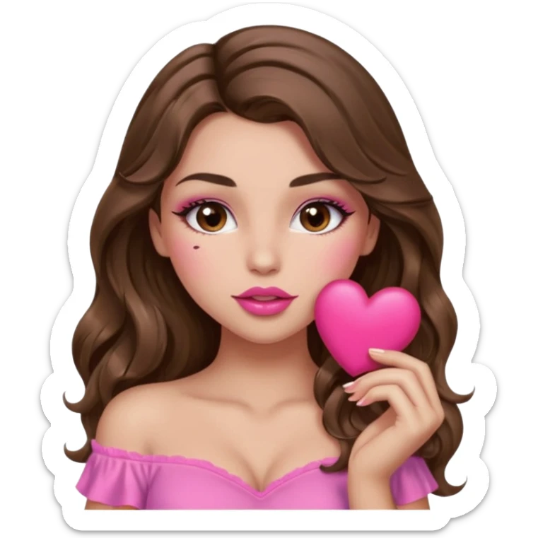 girl with long wavy brown hair, brown eyes, long lashes makeup, sexy pink lips, light to medium complexion, wearing a pink sexy top, sexy , puckering, blushing, kissing a heart sexy sticker