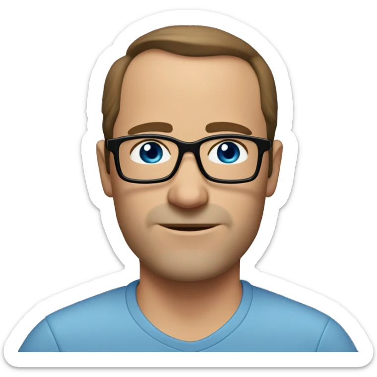 45-year-old man with a slightly round face, brown hair with a small central crest and a slightly receding hairline. He has blue eyes, subtle stubble, and wears a  shirt and round black glasses sticker
