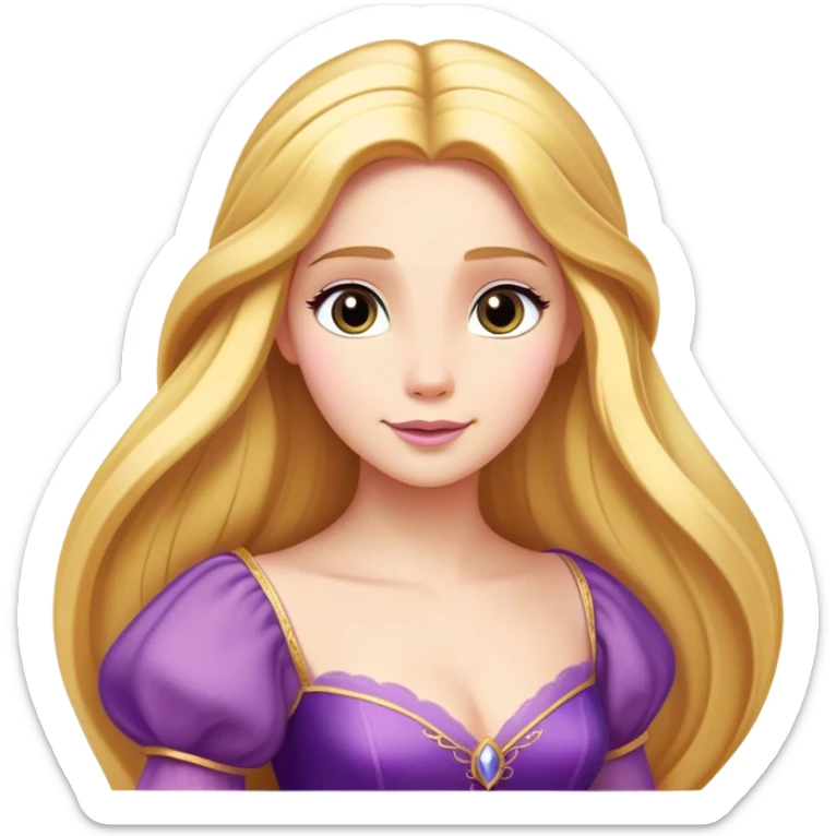 Cinematic Majestic Rapunzel Portrait Emoji, rendered in a clean, vector-style with bold, simplified shapes. Show Rapunzel with a serene, graceful expression, luminous fair skin, and elegantly styled long golden hair, accented by her classic purple gown. The design radiates a majestic, dreamlike glow with high shine and a soft glowing outline, embodying regal beauty. sticker