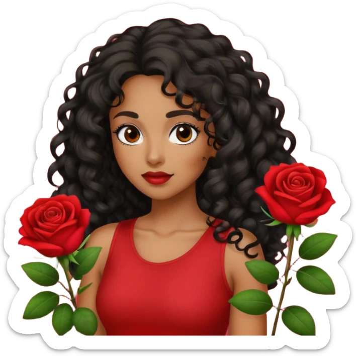 Olive brown eyed women with black long curly hair rose background red top sticker