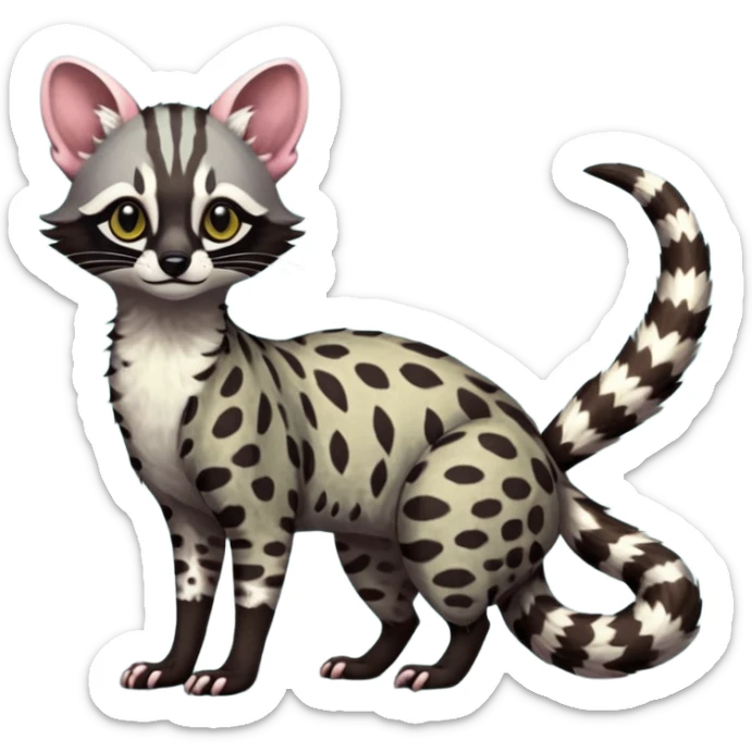 Feral Rare Fantasy shaded detailed vibrant colorful Genet-Trico-Civet-Cacomistle-Margay-species by LiLaiRa, with dark-blackish points, white belly, random markings, tufted tail, tufted ears, full body sticker