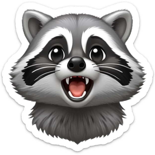 Cinematic-cute realistic- Yawning Raccoon-Portrait-Emoji – Poised and confident, wide-open yawn, revealing a soft grey with a sturdy build and a beautifully textured fur of silver-grey accented by dark black facial markings, deep-set, big black eyes, simplified yet sharp and sophisticated zoom out to show shoulders sticker