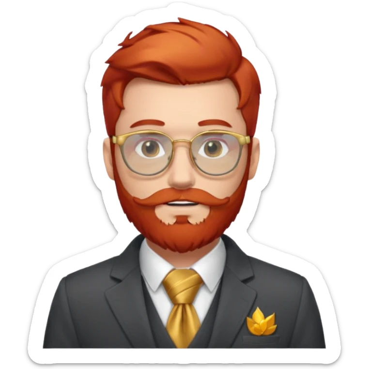 gray scarf, male,  beard, red hair, with suit, gold glasses sticker