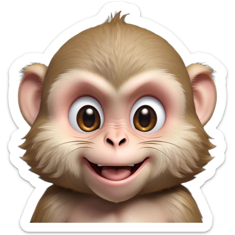 Cinematic Adorably Mischievous Macaque Portrait Emoji, Head tilted in a playful wink with an exaggerated, cheeky grin and a slightly raised eyebrow, featuring a compact, nimble build with fluffy fur and round, twinkling eyes brimming with mischief, Simplified yet irresistibly endearing features, highly detailed, glowing with a bright, joyful radiance, high shine, lively and quirky, stylized with an air of whimsical primate fun, soft glowing outline, capturing the essence of a mischievous macaque that seems ready to pull a playful face and scamper into your heart! sticker