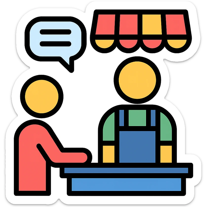 friendly style illustration of a person talking to a shopkeeper at a counter sticker