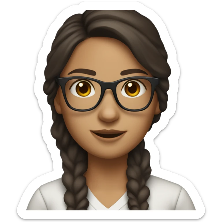 character with lightly tanned fair skin,  She is wearing wayfarer-style glasses with a black upper frame and has small gold hoop earrings.  brown hair,blue eyes. Her dark brown hair The character is a female IT developerworking with a MacBook
 sticker
