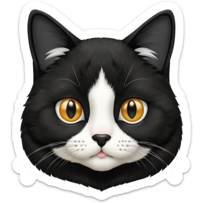 A tuxedo cat, top half body, a black mark near his mouth under the nose sticker
