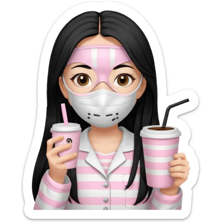 chica de pelo lacio color negro cabellera larga piyama blanca con rayas rosa claras peo no tan claras no oscuras el bordado es negro al igual que los botones )tiene una mascarilla para la carablanca y sostiene y cafe con bolitas nedras al dondo con unsorbete tranparente y es de test blanca  sticker