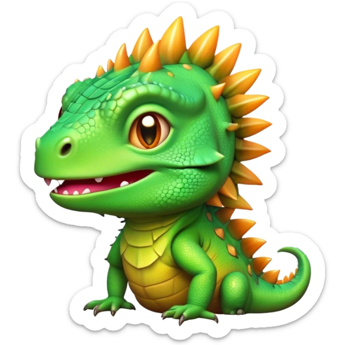 Cinematic Cute Iguana Portrait Emoji, Head tilted playfully and inquisitively, featuring a delightfully vibrant, textured body with a subtle spiky crest and large, sparkling eyes full of gentle wonder, Simplified yet irresistibly adorable features, highly detailed, glowing with a warm, inviting jungle glow, high shine, affectionate and lively, stylized with a touch of whimsical reptilian charm, soft glowing outline, capturing the essence of a mischievous yet loving iguana that seems as if it could scurry out of the screen into your arms! sticker