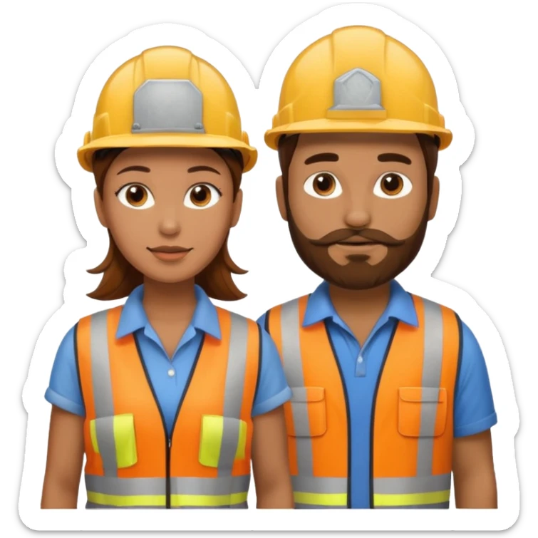 me haces una mujer pelo marron y un hombre con barba , que ambos esten vestidos como constructores de obra  sticker
