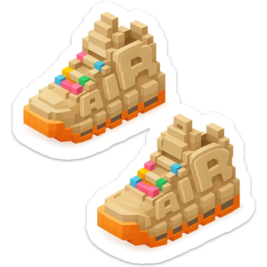 two pairs of Nike Air More Uptempo sneakers in beige with colorful beads on the laces sticker