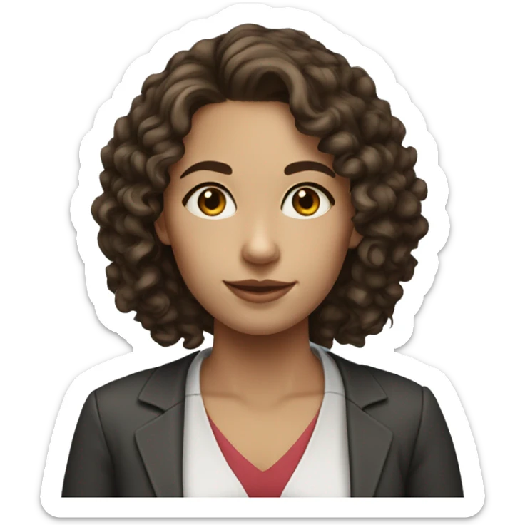 A young female teacher with dark brown shoulder length curly hair. They have blue eyes and no glasses. sticker