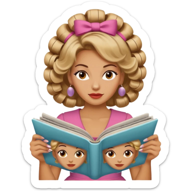 mujer en la peluquería con rulos en la cabeza y leyendo una revista, estilo vintage sticker