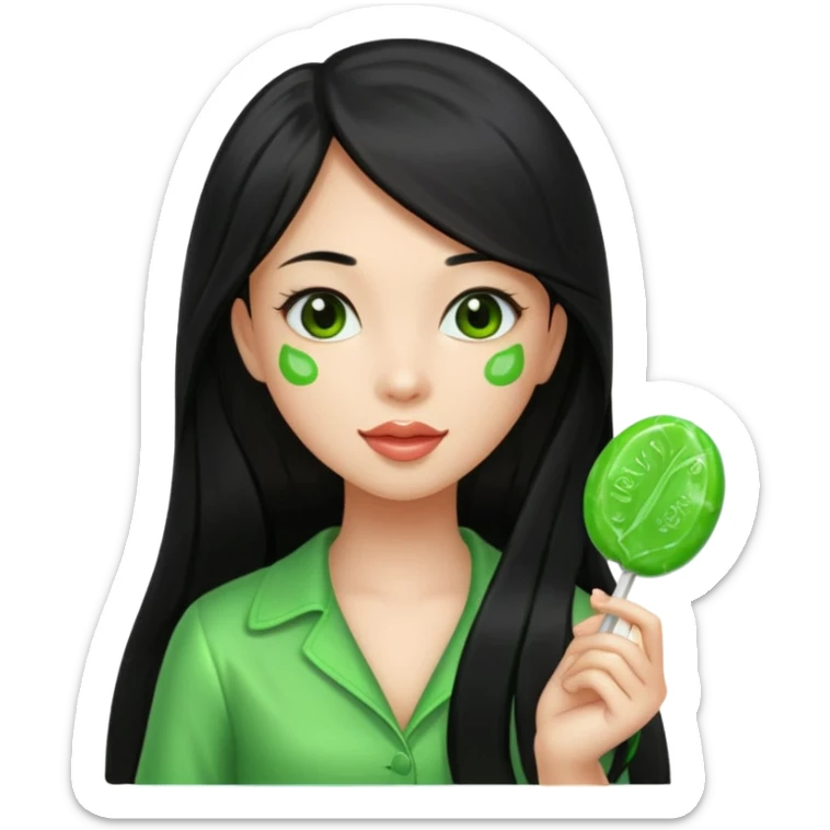 A girl with long black hair holding a piece of green hard candy in one hand and a green candy wrapper showing a guava on it in the other hand sticker
