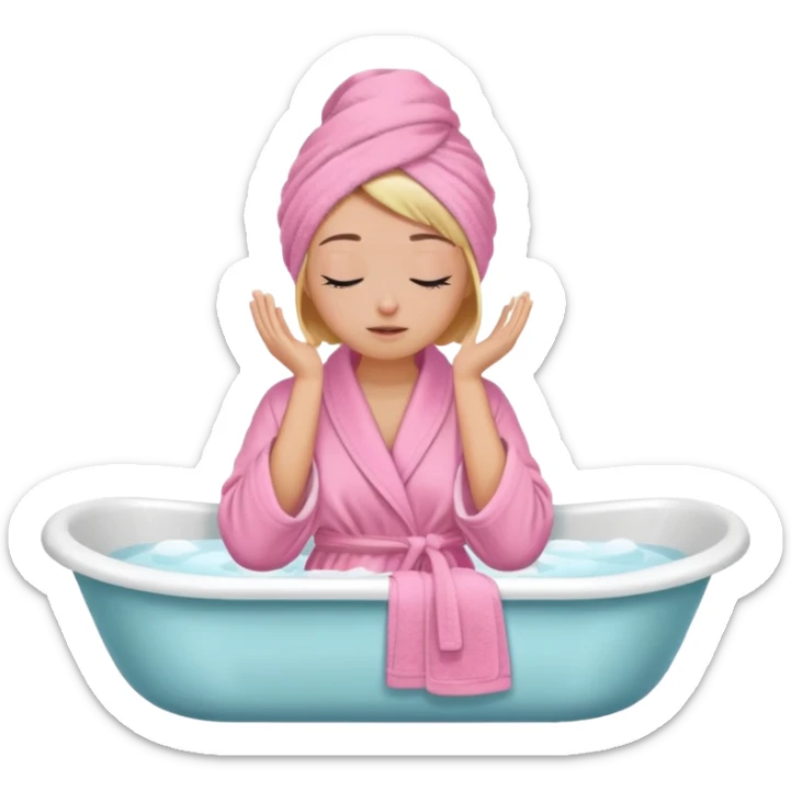 A woman sitting on the edge of a bathtub, wearing a pink bathrobe and towel on her head, one hand on her shoulders and eyes closed  sticker