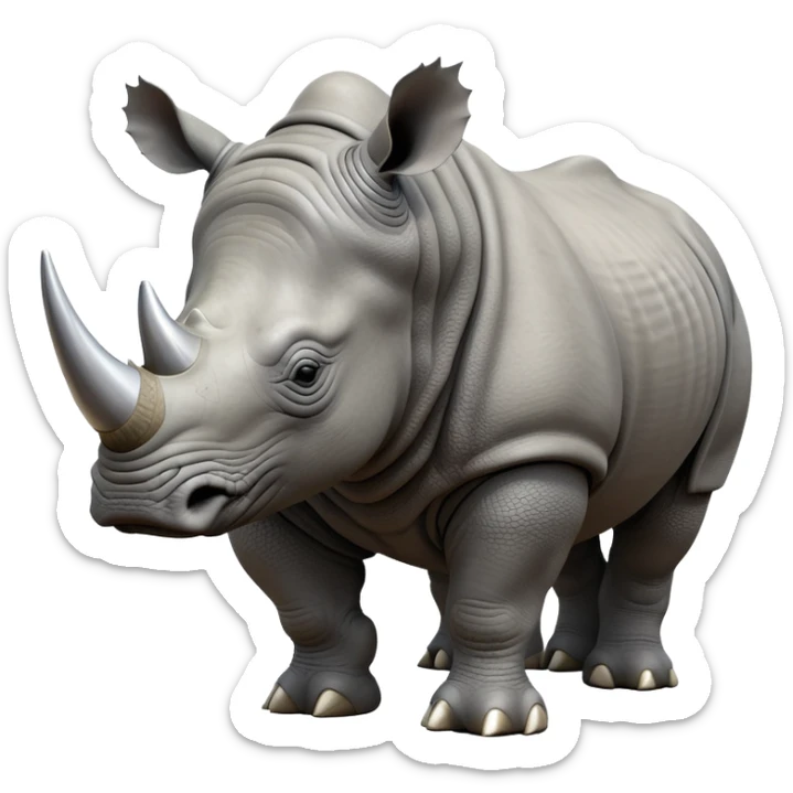cinematic-rhino-realistic-full-body-standing-emoji,-massive-armored-body-poised-powerfully,-thick-horn-curving-slightly-forward,-head-tilted-dramatically,-rough-grey-hide-covered-in-dust,-simplified-yet-realistic-focused-features,-highly-detailed,-glowing-with-an-almost-sarcastic-glow sticker