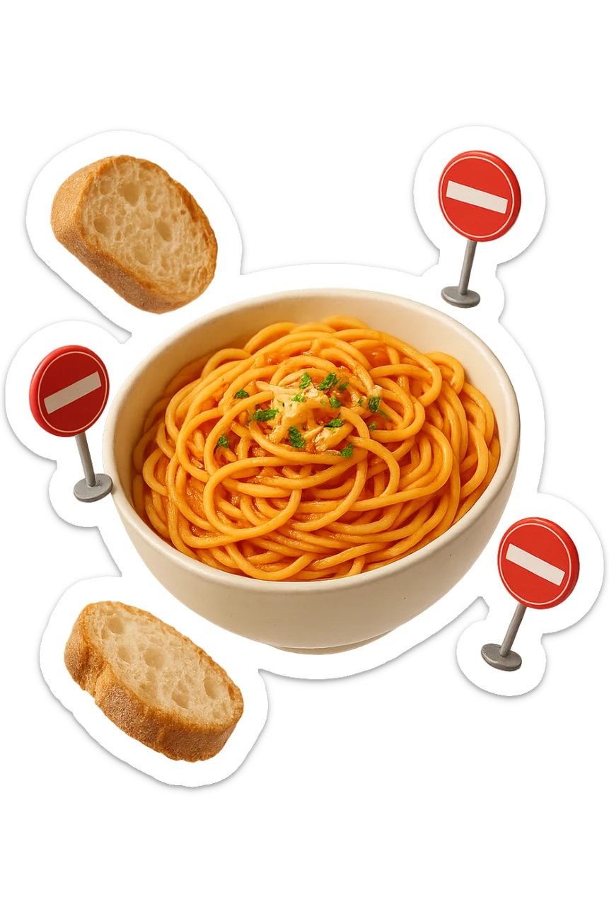 bowl di pasta e fettine di pane che fluttuano in aria con piccoli divieti 3d, sfondo bianco, iperrealistico 4k sticker