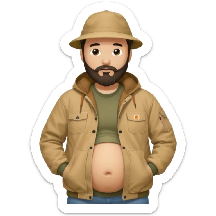 Bearded man rubbing pregnant belly poking out of shirt wearing a tan canvas carhartt jacket with  chinese hat on sticker