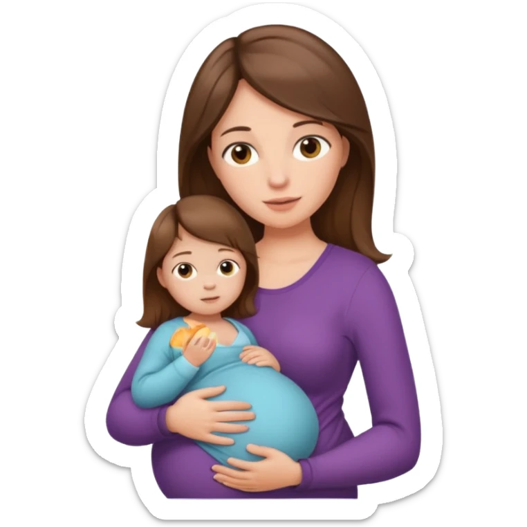"Pregnant woman sitting with long brown hair and fair skin, holding a baby with short brown hair and fair skin." sticker
