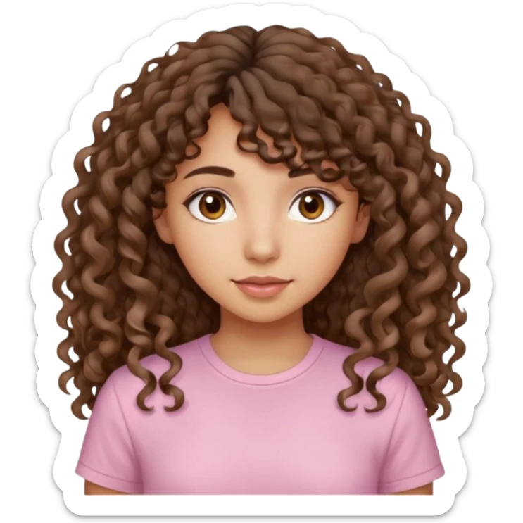 A Latina girl with brown eyes and long loose curly hair with curly bangs with a light pink shirt sticker