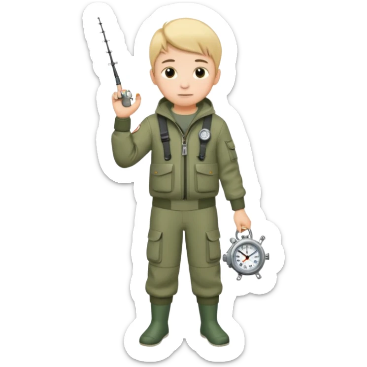 Boy in fishing suit looking at his wristwatch, full body sticker