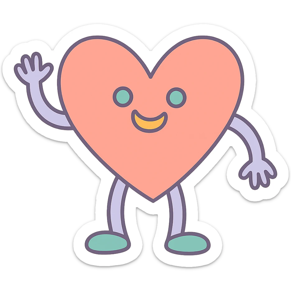 funny children's drawing of a heart character with arms and legs, pastel colors sticker