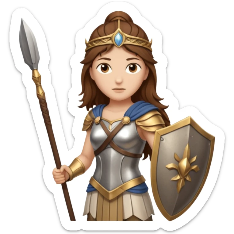 brown haired Athena the Greek goddess of disciplined, strategic warfare, calm, commanding figure leading with intelligence not force. wears light armour carries a spear, symbolising protection precise judgement. strategy, not aggression, embodying clarity, foresight and decisive action. sticker