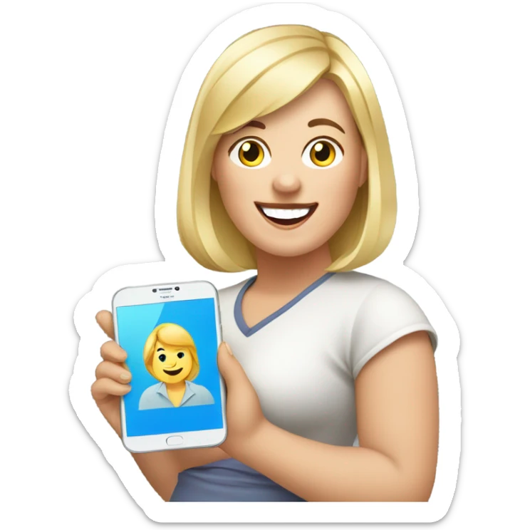 overweight blondie woman happy with a smartphone in hands showing charts sticker