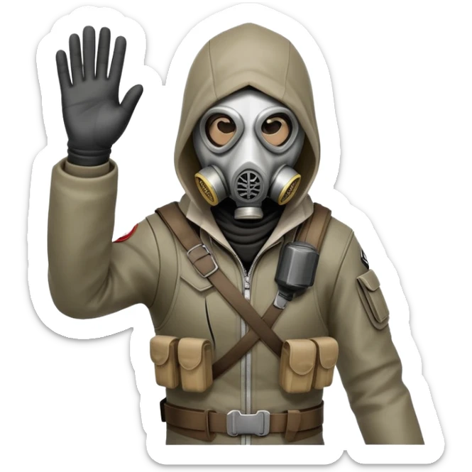Emoji of a character combining Assassin's Creed and S.T.A.L.K.E.R., hood, gas mask, tactical gear, waving hand, minimalist, clean design, white background, no shadows. sticker