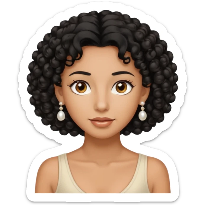 curly hair, tanned skin with tanned lines, light brown eyes, pearls earrings  sticker