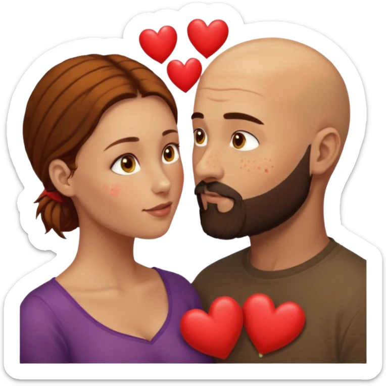 Couple. Bald man with dark brown-black beard. Woman with many small, faded, round freckles, white skin and she has auburn-yellow-brown-caramel-cinnamon dark hair. She has light yellow-brown eyes. He have hazel eyes. They look at each other. Many small red hearts around them. sticker
