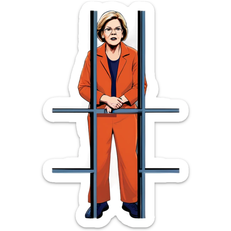 Make a picture of Senator Elizabeth Warren wearing an orange jumpsuit and behind bars make her look worried extremely worried and as realistic as you can sticker